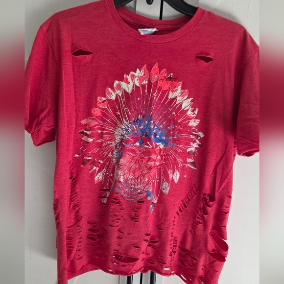 None Tops - Trendy Red Distressed Graphic Tee